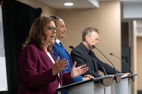 MIKE DEAL / WINNIPEG FREE PRESS
Premier Heather Stefanson (PC), Opposition Leader Wab Kinew (NDP) and Liberal Leader Dougald Lamont take part in the Manitoba Heavy Construction Association&#x2019;s Party Leaders Forum at the Holiday Inn Express, 1740 Ellice Avenue, early Tuesday morning.
See Gabby Piche story
230912 - Tuesday, September 12, 2023.