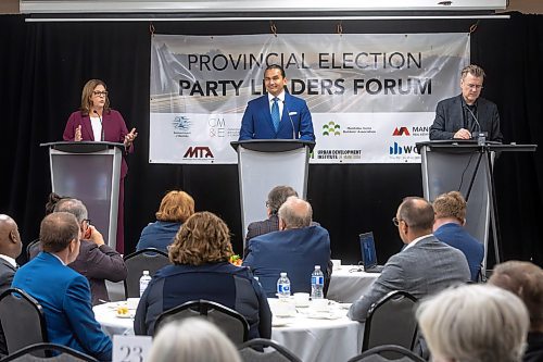 MIKE DEAL / WINNIPEG FREE PRESS
Premier Heather Stefanson (PC), Opposition Leader Wab Kinew (NDP) and Liberal Leader Dougald Lamont take part in the Manitoba Heavy Construction Association&#x2019;s Party Leaders Forum at the Holiday Inn Express, 1740 Ellice Avenue, early Tuesday morning.
See Gabby Piche story
230912 - Tuesday, September 12, 2023.