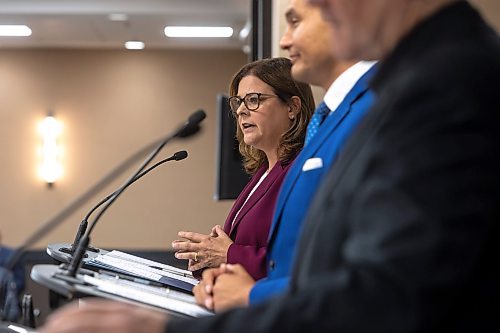 MIKE DEAL / WINNIPEG FREE PRESS
Premier Heather Stefanson (PC), Opposition Leader Wab Kinew (NDP) and Liberal Leader Dougald Lamont take part in the Manitoba Heavy Construction Association&#x2019;s Party Leaders Forum at the Holiday Inn Express, 1740 Ellice Avenue, early Tuesday morning.
See Gabby Piche story
230912 - Tuesday, September 12, 2023.