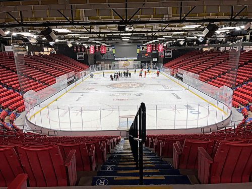 The Brandon Wheat Kings practise in the Keystone Centre’s Westoba Place on Wednesday shortly after a new lease between the team and the facility were announced. The two entities signed a five-year lease, with a mutual option for another five years tacked on. (Perry Bergson/The Brandon Sun)