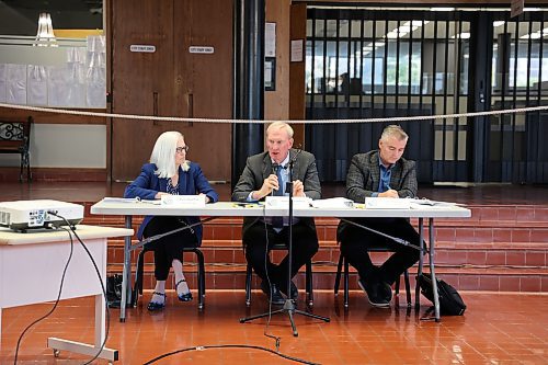 Public Utilities Board panellists Irene Hamilton (left), chair Shawn McCutcheon and Jack Winram (right) ask questions of City of Brandon representatives during a public hearing on proposed water and wastewater utility rates on Wednesday evening. (Colin Slark/The Brandon Sun)