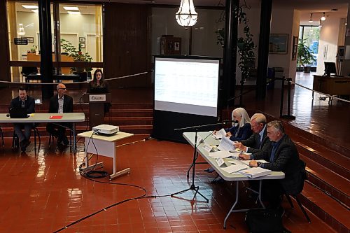 Representatives from the City of Brandon made the case to panellists from the Public Utilities Board about why the city's proposed waater and wastewater rate increases should be approved during a public hearing on Wednesday evening at Brandon City Hall. (Colin Slark/The Brandon Sun)