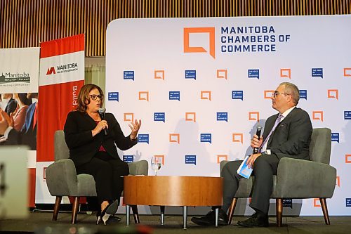 MIKE DEAL / WINNIPEG FREE PRESS
PC Leader Heather Stefanson outlines her party's action plan in a keynote to the business community and sit down for a fireside chat with Manitoba Chambers of Commerce President and CEO Chuck Davidson.
230913 - Wednesday, September 13, 2023