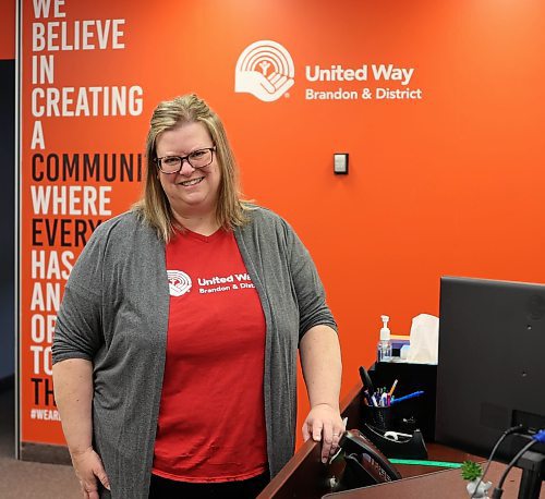 Cynamon Mychasiw, CEO of the United Way Brandon and District, poses for a photo in the non-profit's downtown office on Thursday. (Michele McDougall/The Brandon Sun) 
