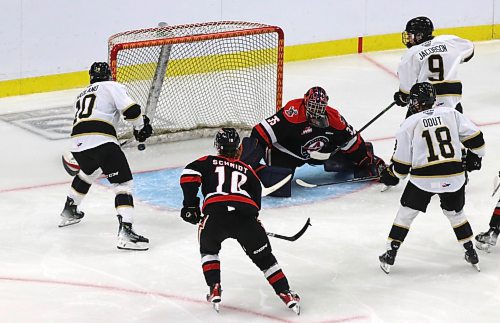 Brandon Wheat Kings forward Caleb Hadland (10) taps in a pass from Jaxon Jacobson (9) past Moose Jaw Warriors goalie Josh Banini (35) as Brandon forward Easton Odut (18) and Moose Jaw defenceman Connor Schmidt (10) look on during their Western Hockey League pre-season game at Westoba Place on Friday. (Perry Bergson/The Brandon Sun)