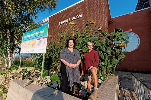 MIKE DEAL / WINNIPEG FREE PRESS
Sherry Wolfe Elazaar (left) and Kim Larcombe  (right) in the Healing Heart Garden at Temple Shalom, 1077 Grant Avenue, Friday morning.
See Brenda Suderman story
230915 - Friday, September 15, 2023.