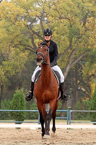 15092023
Gillian Storsley Pappas of Brandon rides her Dutch Warmblood Glasgow (Gus) during her english dressage test at the Westman Dressage Fall Festival at the Keystone Centre grounds on Friday. The Fall Festival runs until Sunday. Storsley Pappas&#x2019; ride was also recorded for an upcoming Kick Cancer&#x2019;s Butt online dressage show.  (Tim Smith/The Brandon Sun)