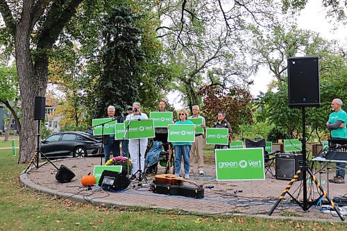 Green Party of Manitoba leader Janine Gibson, flanked by candidates running in the 2023 provincial election, announced her party's campaign priorities on Saturday. (Tyler Searle / Winnipeg Free Press) 