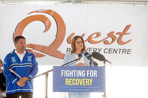 MIKE DEAL / WINNIPEG FREE PRESS
PC party leader, Heather Stefanson speaks while Michael Birch (left), PC candidate for Keewatinook, listens during a campaign announcement outside the Quest Health Clinic, 367 Ellice Ave.
See Carol Sanders story
230918 - Monday, September 18, 2023.