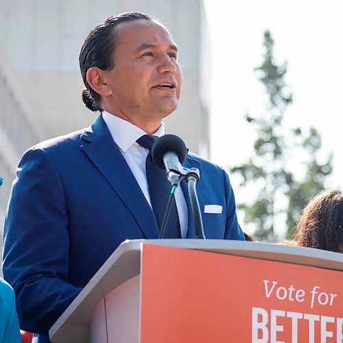 NDP Leader Wab Kinew made the announcement at a community centre in St. Boniface packed with seniors and home care workers Sunday afternoon. (Mike Thiessen/ Winnipeg Free Press)