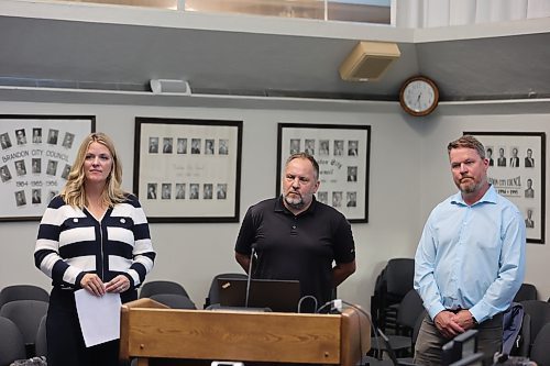 Brenda Tobac (left) of MNP, Jeff Penner (centre) of Verne Reimer Architecture and Ken McKim (right) of HTFC answer questions Monday about their firms' work on a needs assessment for the Sportsplex. After consulting stakeholders and the public, they recommended that the city proceed with fully replacing the venue's aging ice plant. (Colin Slark/The Brandon Sun)