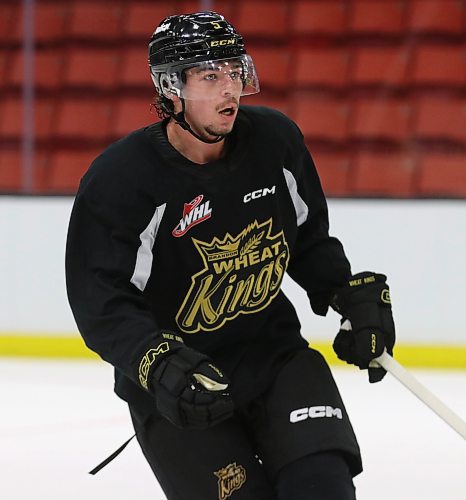 Tre Fouquette of Warman, Sask., started his Western Hockey League career with the Prince Albert Raiders, but earned a job with the Brandon Wheat Kings on a free agent tryout. He is shown at team practice at Westoba Place on Monday. (Perry Bergson/The Brandon Sun)
Sept. 18, 2023
