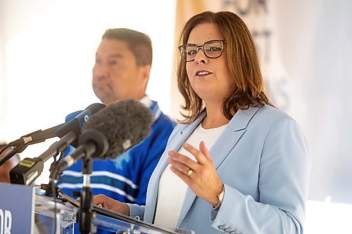 MIKE DEAL / WINNIPEG FREE PRESS
PC party leader, Heather Stefanson speaks while Michael Birch, PC candidate for Keewatinook, listens in the background during a campaign announcement outside the Quest Health Clinic, 367 Ellice Ave.
See Carol Sanders story
230918 - Monday, September 18, 2023.