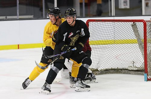 Tony Wilson, in yellow, and Luke Shipley square off in front of the net during a drill. Wilson has a chance to have a breakout season for the team, while Shipley could be a big piece of the defensive corps playing steadier defence. (Perry Bergson/The Brandon Sun)
Sept. 20, 2023