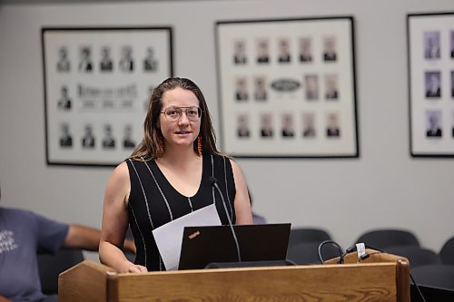 Truth and Reconcilation Week event co-ordinator Aly Wowchuk runs down a list of activities being held for the 2023 edition at Brandon City Council on Monday. (Colin Slark/The Brandon Sun)