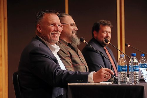 Brandon East candidates Len Isleifson (Progressive Conservatives), Trenton Zazalak (Manitoba Liberal Party) and Glen Simard (NDP) share a laugh during an otherwise serious debate hosted by the Brandon Sun, Brandon University, Westman Communications Group, the Brandon Teachers’ Association and CUPE Local 737 at BU’s Lorne Watson Recital Hall on Tuesday evening.