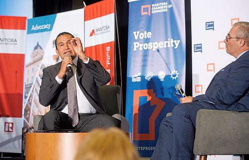 MIKE DEAL / WINNIPEG FREE PRESS
NDP leader, Wab Kinew, outlines his party's action plan in a keynote to the business community and sit down for a fireside chat with Manitoba Chambers of Commerce President and CEO Chuck Davidson.
See Gabby Piche story
230919 - Tuesday, September 19, 2023.