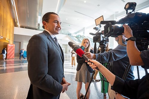 MIKE DEAL / WINNIPEG FREE PRESS
NDP leader, Wab Kinew, speaks to the media after presenting a keynote to the business community and sit down for a fireside chat with Manitoba Chambers of Commerce President and CEO Chuck Davidson at the RBC Convention Centre Tuesday morning.
See Gabby Piche story
230919 - Tuesday, September 19, 2023.