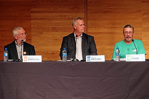 19092023
Brandon West candidates Quentin Robinson of the NDP, Wayne Balcaen of the Progressive Conservatives and Bill Marsh of the Green Party take part in a debate hosted by the Brandon Sun, Brandon University, Westman Communications Group, the Brandon Teachers&#x2019; Association and CUPE Local 737 at BU&#x2019;s Lorne Watson Recital Hall on Tuesday in advance of the upcoming provincial election.
(Tim Smith/The Brandon Sun)
