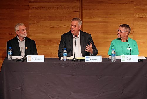 19092023
Brandon West candidates Quentin Robinson of the NDP, Wayne Balcaen of the Progressive Conservatives and Bill Marsh of the Green Party take part in a debate hosted by the Brandon Sun, Brandon University, Westman Communications Group, the Brandon Teachers&#x2019; Association and CUPE Local 737 at BU&#x2019;s Lorne Watson Recital Hall on Tuesday in advance of the upcoming provincial election.
(Tim Smith/The Brandon Sun)