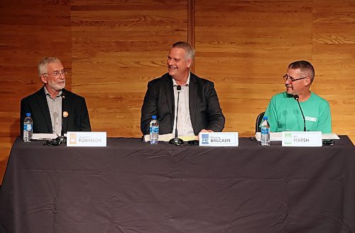 19092023
Brandon West candidates Quentin Robinson of the NDP, Wayne Balcaen of the Progressive Conservatives and Bill Marsh of the Green Party take part in a debate hosted by the Brandon Sun, Brandon University, Westman Communications Group, the Brandon Teachers&#x2019; Association and CUPE Local 737 at BU&#x2019;s Lorne Watson Recital Hall on Tuesday in advance of the upcoming provincial election.
(Tim Smith/The Brandon Sun)