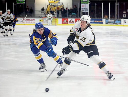 Saskatoon Blades defenceman Tanner Molendyk tries to stop former Brandon Wheat Kings forward Nolan Ritchie from firing a shot on net last season at Westoba Place on Tuesday evening. Molendyk should be one of the top defenders in the Eastern Conference this season. (Tim Smith/The Brandon Sun)