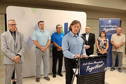 Brandon Mayor Jeff Fawcett speaks during an Association of Manitoba Municipalities press conference about provincial party election promises at the Keystone Centre on Wednesday. (Tim Smith/The Brandon Sun)