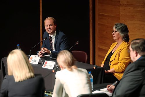 Spruce Woods candidates Grant Jackson (Progressive Conservatives) and Michelle Budiwski (Manitoba Liberal Party) take part in a debate hosted by the Brandon Sun, Brandon University, Westman Communications Group, the Brandon Teachers’ Association and CUPE Local 737 at BU’s Lorne Watson Recital Hall on Wednesday evening. New Democratic Party candidate Melissa Ghidoni did not take part in the debate. (Tim Smith/The Brandon Sun)
