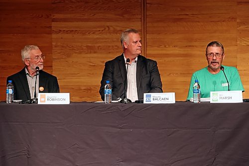 Brandon West candidates Quentin Robinson (NDP), Wayne Balcaen (Progressive Conservatives) and Bill Marsh of (Green Party) take part in a debate hosted by the Brandon Sun, Brandon University, Westman Communications Group, the Brandon Teachers’ Association and CUPE Local 737 at BU’s Lorne Watson Recital Hall on Tuesday evening. (Tim Smith/The Brandon Sun)