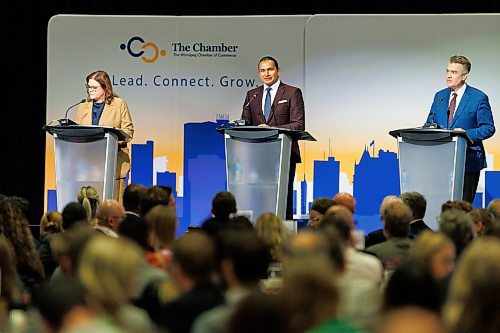 MIKE DEAL / WINNIPEG FREE PRESS
Leaders of the three main provincial parties, PC&#x2019;s Heather Stefanson, NDP&#x2019;s Web Kinew, and Liberal&#x2019;s Dougald Lamont, take part in a debate hosted by the Winnipeg Chamber of Commerce at the RBC Convention Centre Wednesday afternoon.
230920 - Wednesday, September 20, 2023.