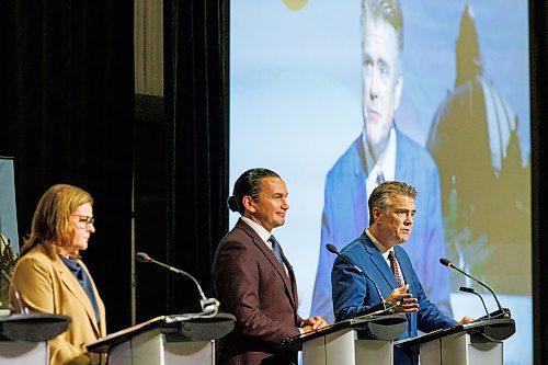 MIKE DEAL / WINNIPEG FREE PRESS
Leaders of the three main provincial parties, PC&#x2019;s Heather Stefanson, NDP&#x2019;s Web Kinew, and Liberal&#x2019;s Dougald Lamont, take part in a debate hosted by the Winnipeg Chamber of Commerce at the RBC Convention Centre Wednesday afternoon.
230920 - Wednesday, September 20, 2023.