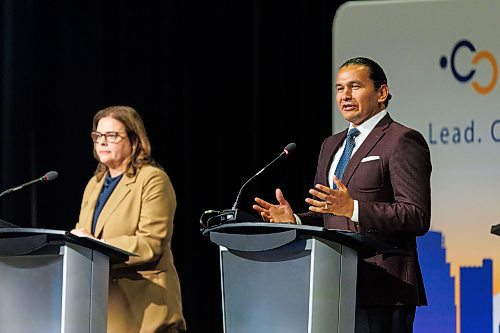 MIKE DEAL / WINNIPEG FREE PRESS
Leaders of the three main provincial parties, PC&#x2019;s Heather Stefanson, NDP&#x2019;s Web Kinew, and Liberal&#x2019;s Dougald Lamont, take part in a debate hosted by the Winnipeg Chamber of Commerce at the RBC Convention Centre Wednesday afternoon.
230920 - Wednesday, September 20, 2023.