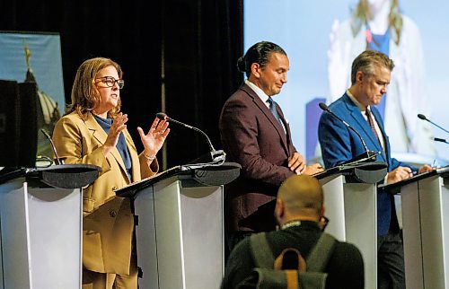 MIKE DEAL / WINNIPEG FREE PRESS
Leaders of the three main provincial parties, PC&#x2019;s Heather Stefanson, NDP&#x2019;s Web Kinew, and Liberal&#x2019;s Dougald Lamont, take part in a debate hosted by the Winnipeg Chamber of Commerce at the RBC Convention Centre Wednesday afternoon.
230920 - Wednesday, September 20, 2023.