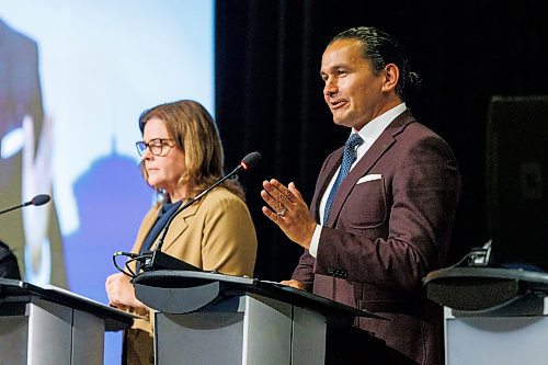 MIKE DEAL / WINNIPEG FREE PRESS
Leaders of the three main provincial parties, PC&#x2019;s Heather Stefanson, NDP&#x2019;s Web Kinew, and Liberal&#x2019;s Dougald Lamont, take part in a debate hosted by the Winnipeg Chamber of Commerce at the RBC Convention Centre Wednesday afternoon.
230920 - Wednesday, September 20, 2023.