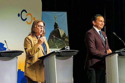 MIKE DEAL / WINNIPEG FREE PRESS
Leaders of the three main provincial parties, PC&#x2019;s Heather Stefanson, NDP&#x2019;s Web Kinew, and Liberal&#x2019;s Dougald Lamont, take part in a debate hosted by the Winnipeg Chamber of Commerce at the RBC Convention Centre Wednesday afternoon.
230920 - Wednesday, September 20, 2023.