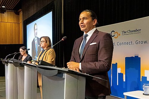 MIKE DEAL / WINNIPEG FREE PRESS
Leaders of the three main provincial parties, PC&#x2019;s Heather Stefanson, NDP&#x2019;s Web Kinew, and Liberal&#x2019;s Dougald Lamont, take part in a debate hosted by the Winnipeg Chamber of Commerce at the RBC Convention Centre Wednesday afternoon.
230920 - Wednesday, September 20, 2023.