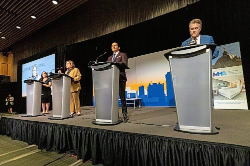 MIKE DEAL / WINNIPEG FREE PRESS
Leaders of the three main provincial parties, PC&#x2019;s Heather Stefanson, NDP&#x2019;s Web Kinew, and Liberal&#x2019;s Dougald Lamont, take part in a debate hosted by the Winnipeg Chamber of Commerce at the RBC Convention Centre Wednesday afternoon.
230920 - Wednesday, September 20, 2023.