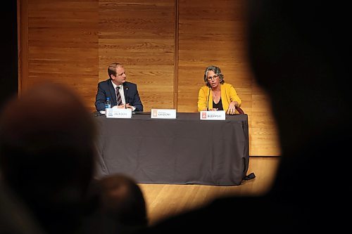 20092023
Spruce Woods candidates Grant Jackson of the Progressive Conservatives and Michelle Budiwski of the Manitoba Liberal Party take part in a debate hosted by the Brandon Sun, Brandon University, Westman Communications Group, the Brandon Teachers’ Association and CUPE Local 737 at BU’s Lorne Watson Recital Hall on Wednesday in advance of the upcoming provincial election. New Democratic Party candidate Melissa Ghidoni did not take part in the debate.
(Tim Smith/The Brandon Sun)