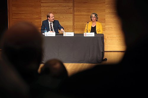 20092023
Spruce Woods candidates Grant Jackson of the Progressive Conservatives and Michelle Budiwski of the Manitoba Liberal Party take part in a debate hosted by the Brandon Sun, Brandon University, Westman Communications Group, the Brandon Teachers’ Association and CUPE Local 737 at BU’s Lorne Watson Recital Hall on Wednesday in advance of the upcoming provincial election. New Democratic Party candidate Melissa Ghidoni did not take part in the debate.
(Tim Smith/The Brandon Sun)