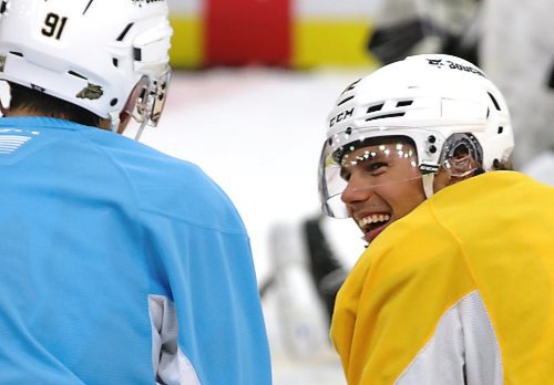 Brandon Wheat Kings forward Dominik Petr laughs at Nolan Flamand following practice at Westoba Place on Thursday afternoon. (Perry Bergson/The Brandon Sun)
Sept. 21, 2023