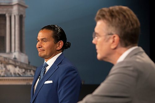 BROOK JONES / WINNIPEG FREE PRESS
 Manitoba NDP Party Leader Wab Kinew (left) moments before the start of the Manitoba Leaders' Debate hosted by CBC, CTV News and Gloobal News at CBC's Studio 41 in Winnipeg, Man., Thursday, Sept. 21, 2023. Manitobans head to the polls in the Manitoba Provincial Election Tuesday, Oct. 3, 2023. 