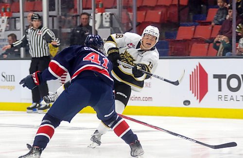 Rylen Roersma of the Brandon Wheat Kings fires a shot against the Regina Pats in their Western Hockey League opener at Westoba Place on Friday. (Thomas Friesen/The Brandon Sun)