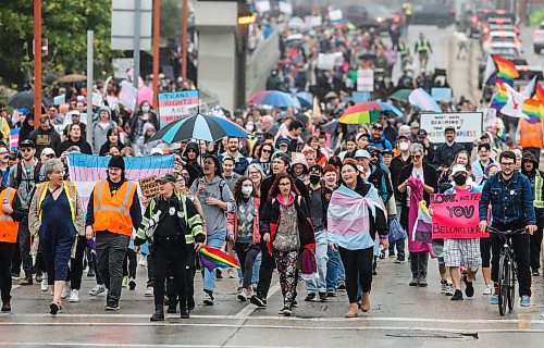 JOHN WOODS / WINNIPEG FREE PRESS
Trans rights activists and supporters gathered at the legislature and held a permit-less march down Broadway to the human rights museum in Winnipeg Sunday, September  24, 2023. 

Reporter: ?