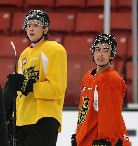 Overage forward Dawson Pasternak, who stands five-foot-nine, watches practice in front of six-foot-five Roger McQueen during Brandon Wheat Kings practice on Monday afternoon. (Perry Bergson/The Brandon Sun)
Sept. 25, 2023