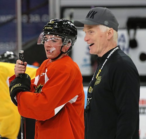 Brandon Wheat Kings rookie forward Easton Odut chuckles with assistant coach Del Pedrick during practice on Monday afternoon. Odut, who grew up in Dauphin, is one of seven Manitobans on the team. (Perry Bergson/The Brandon Sun)
Sept. 25, 2023