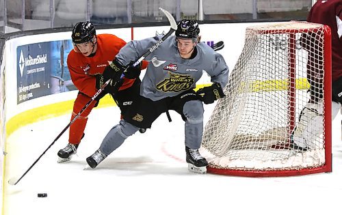 Brandon Wheat Kings forwards Hayden Wheddon, in orange, and Jayden Wiens battle for the puck during a drill at practice at Westoba Place on Monday afternoon. (Perry Bergson/The Brandon Sun)
Sept. 25, 2023