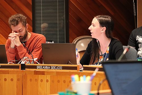 Brandon School Division trustee Breanna Sieklicki discusses the prospect of adding LGBTQ+ inclusive content into the curriculum alongside fellow trustee Blaine Foley during Monday’s school board meeting. Sieklicki was the only member of the board to vote against this initiative. (Kyle Darbyson/The Brandon Sun)