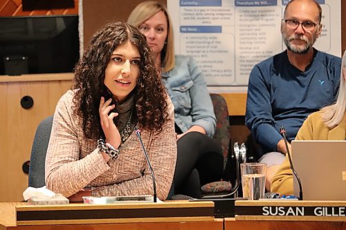 Local transgender activist Leila Praznik pitches adding more LGBTQ+ inclusive content into the Brandon School Division curriculum during the school board’s Sept. 11 meeting. (Kyle Darbyson/The Brandon Sun)