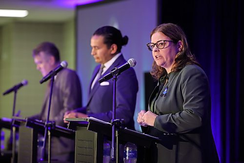 Progressive Conservative Leader Heather Stefanson (right) speaks during the Brandon Chamber of Commerce debate at the Keystone Centre’s UCT Pavilion on Tuesday morning. (Tim Smith/The Brandon Sun)