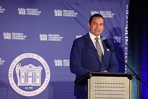 NDP Leader Wab Kinew speaks during the Brandon Chamber of Commerce debate at the Keystone Centre’s UCT Pavilion on Tuesday morning. (Tim Smith/The Brandon Sun)